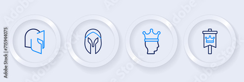 Set line Medieval flag, King crown, helmet and icon. Vector