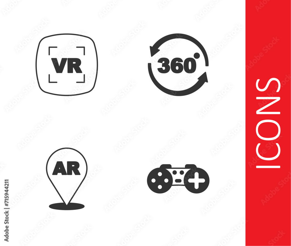 Set Gamepad, Virtual reality, Augmented AR and 360 degree view icon. Vector