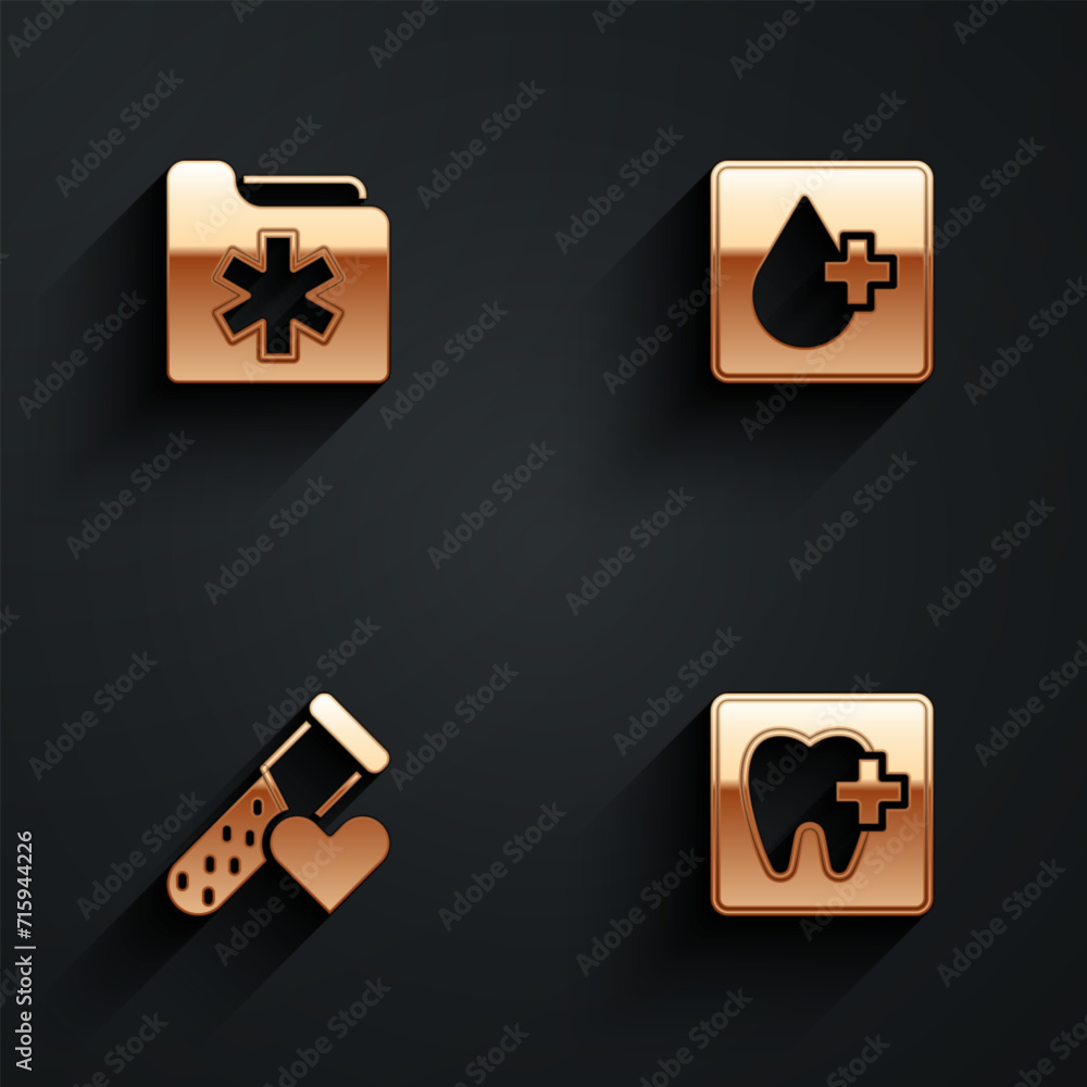 Set Medical health record folder, Blood test, Test tube with blood and Dental clinic location icon with long shadow. Vector Set Medical health record folder, Blood test, Test tube with blood and Dental clinic location icon with long shadow. Vector