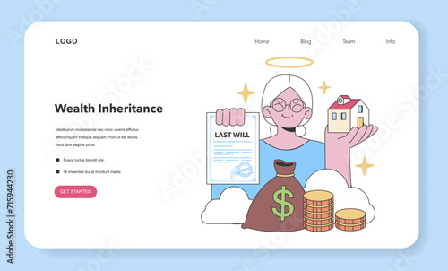 Estate planning. Senior woman securing family legacy with will, property, and savings. Responsible wealth transition. Flat vector illustration