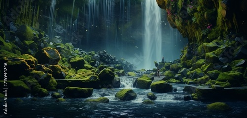 Surreal waterfall defying gravity  flowing upwards into a floating lake surrounded by rocks covered in hyper-realistic  iridescent moss. Gravity.