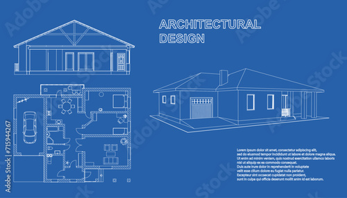 Perspective 3D, floor plan and cross section suburban house. Drawing of the modern building. Cottage project on blue background. Vector architectural blueprint.