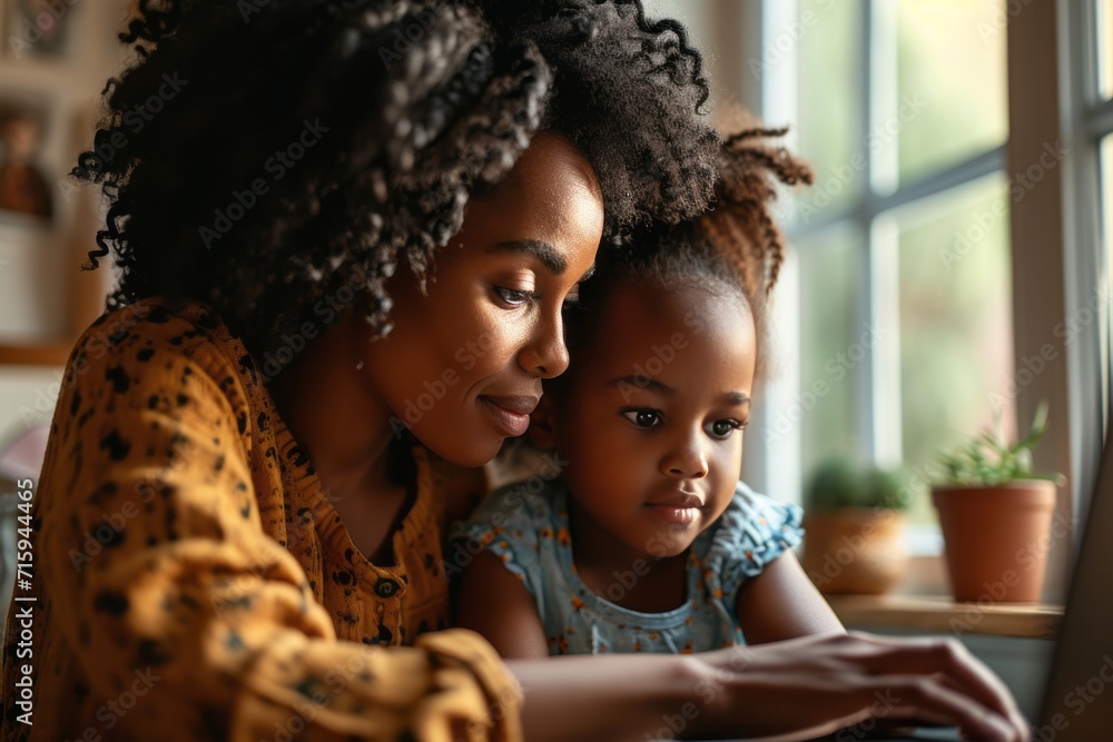 Young beautiful African American mother helping her little preschool daughter learn how to use a computer. Adorable mom and cute child read, play and learn using laptop at home. - obrazy, fototapety, plakaty 