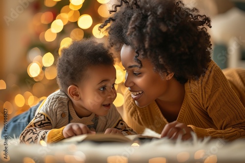 African American mother lying on floor and reading a book for her little son. Charming mom and cute boy enjoy their time together at home, have fun and learn. photo