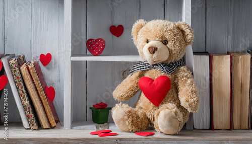 Cute Teddy bear on pastel pink background with copy space, soft focus, Valentine's day concept photo