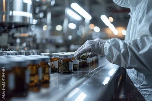 Modern hemp processing facility where an employee in a clean suit packages cannabis products in a sterile environment, placing the final product into labeled containers and jars.