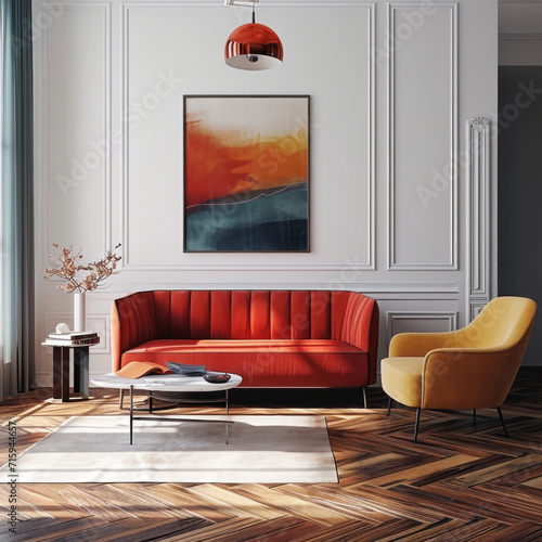 Modern classic bright living room interior. Hardwood floor, painting on the white wall, scarlett sofa, beige armchair, coffee table, rug on the floor, large window. photo