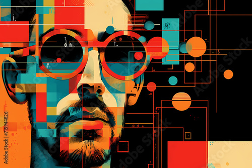 A colorful illustration of a man wearing sunglasses, showcasing his love for art and graphic design through his vibrant and cartoon-like appearance