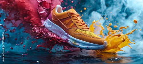 A single sports sneaker floating in the air with bright multicolor paint splashes. Modern sports shoes against the navy blue background. Sneakers advertising, marketing concept.