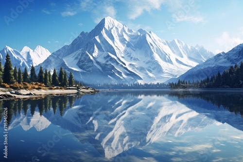 Mesmerizing Reflections of Snow-Capped Peaks in a Tranquil Lake.