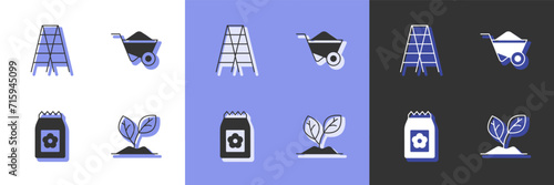 Set Sprout, Wooden staircase, Pack full of seeds and Wheelbarrow icon. Vector