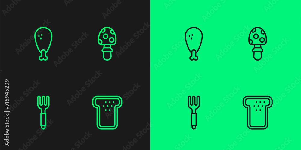Set line Bread toast, Fork, Chicken leg and Fly agaric mushroom icon. Vector