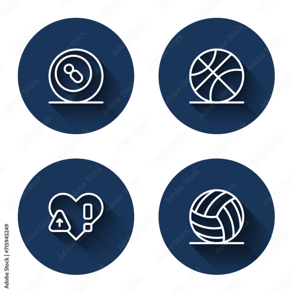 Set line Billiard pool snooker ball, Basketball, Heart rate and Volleyball with long shadow. Blue circle button. Vector Set line Billiard pool snooker ball, Basketball, Heart rate and Volleyball with long shadow. Blue circle button. Vector
