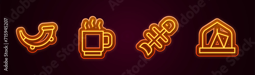 Set line Hunting horn, Coffee cup, Dead fish and Tourist tent. Glowing neon icon. Vector