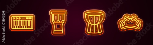 Set line Music synthesizer, African percussion drum, darbuka and Tambourine. Glowing neon icon. Vector