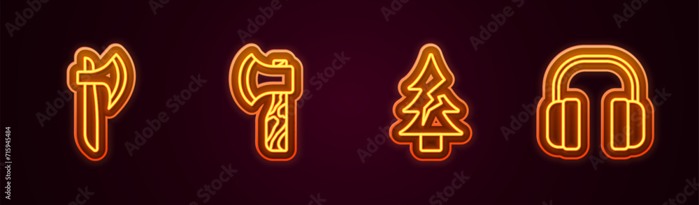 Set line Wooden axe, Tree and Headphones. Glowing neon icon. Vector Set line Wooden axe, Tree and Headphones. Glowing neon icon. Vector
