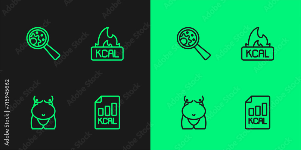 Set line Diet plan, Obesity, GMO and Kcal icon. Vector Set line Diet plan, Obesity, GMO and Kcal icon. Vector