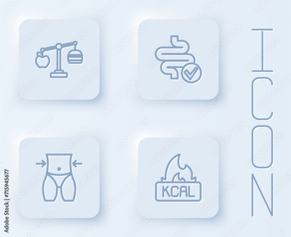 Set line Calorie calculator, Intestines, Women waist and Kcal. White square button. Vector Set line Calorie calculator, Intestines, Women waist and Kcal. White square button. Vector