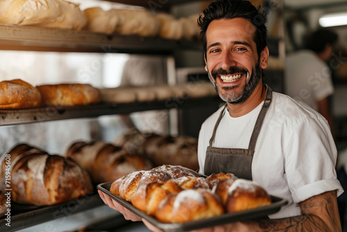 Smiling baker with a tray of fresh bread