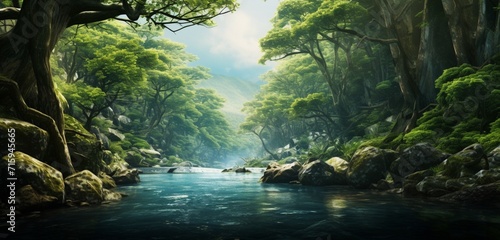 Mesmerizing serene river winding its way through a dense and ancient forest.