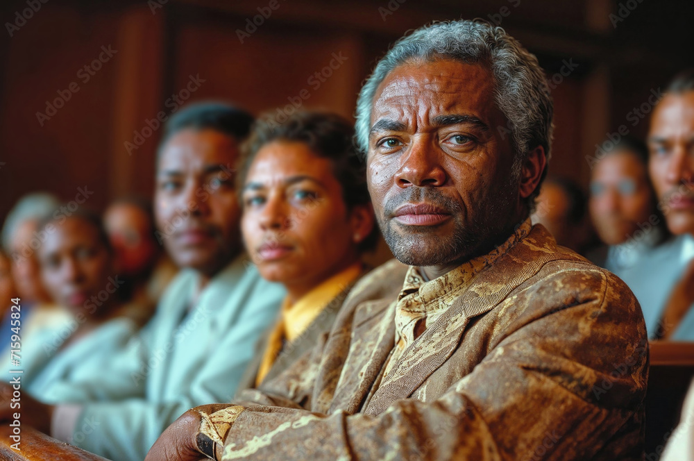 Diverse popular jury in a courtroom waiting for a trial