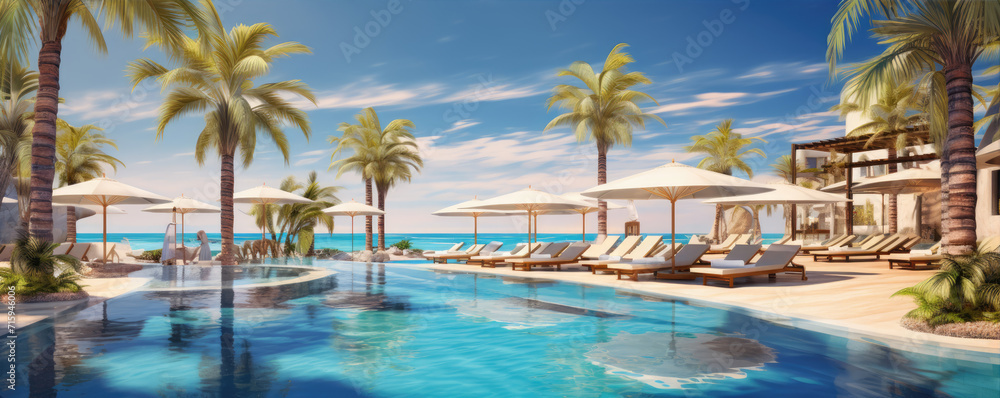 Luxury hotel with swimming pool. Best for summer holiday location. Sea or ocean in backgorund. Palms, loungers, umbrellas for perfect comfort