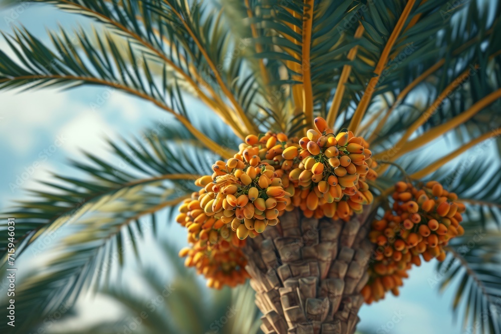 Date palm showcasing clusters of succulent dates, a symbol of sweetness and sustenance. Date palm showcasing clusters of succulent dates, a symbol of sweetness and sustenance.