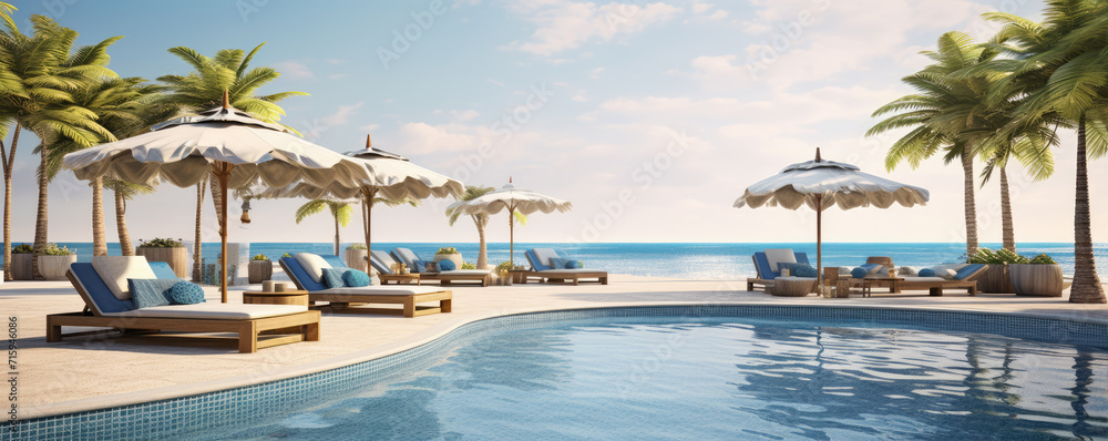 Luxury hotel with swimming pool. Best for summer holiday location. Sea or ocean in backgorund. Palms, loungers, umbrellas for perfect comfort - obrazy, fototapety, plakaty 