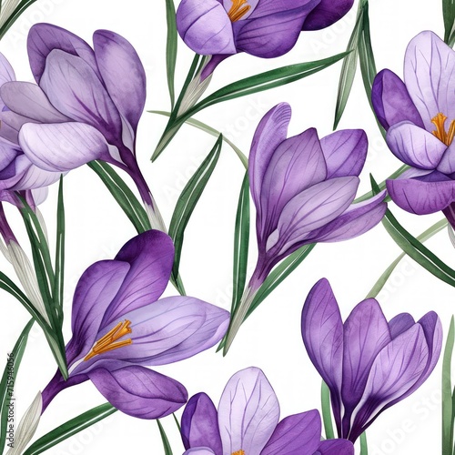 Watercolor crocus flowers with leaves seamless pattern.