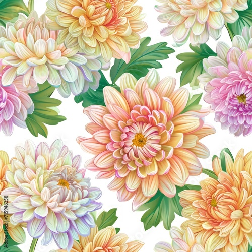 Watercolor chrysanthemum flower with leaves seamless pattern.
