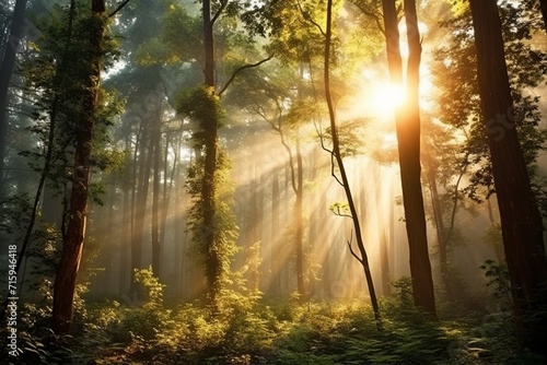 Mesmerizing Sunlight Filtering Through Dense Forest Canopy at Dawn. © Riffat