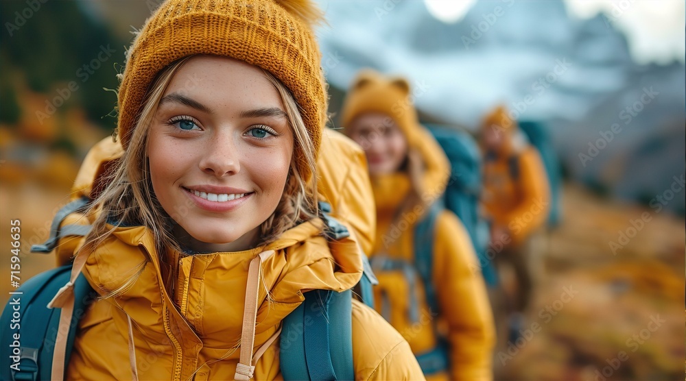 Portrait of a smiling young girl with a backpack hikinh with group of friends in nature park Portrait of a smiling young girl with a backpack hikinh with group of friends in nature park