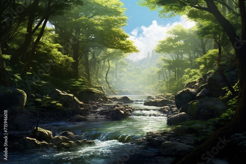 Mesmerizing Sunlit Forest Canopy with a Gentle Stream Flowing Below. © Riffat