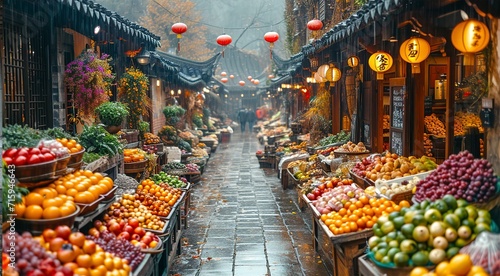 Old narrow street of the traditional Bazaar Market in China. Small shops are selling ceramics, carpets, spices fruits and souvenirs photo