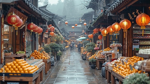 Old narrow street of the traditional asian Bazaar Market. Small shops are selling ceramics, carpets, spices fruits and souvenirs photo