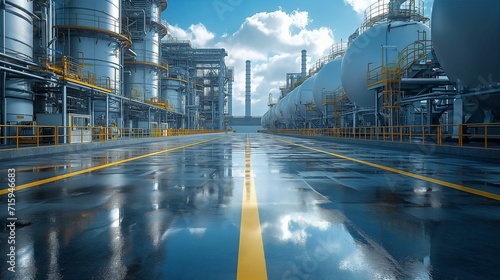 Industrial storage zone for oil, gas terminal tanks. Oil refinery plant pipe line at sunny day. 