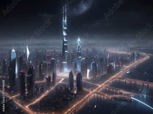 Futuristic City Skyline Glowing with Night Lights. Generative AI © Saksenengmu