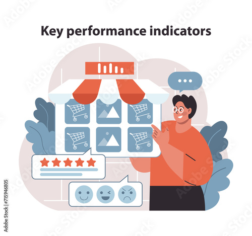 Key Performance Indicators in Retail. Detailed monitoring of customer satisfaction and sales metrics. Visual guide to understanding retail health and success factors. Flat vector.