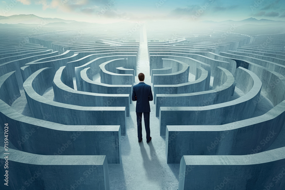 businessman standing at a crossroads in a maze, trying to decide which way to go. - obrazy, fototapety, plakaty 