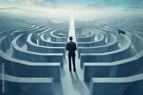 businessman standing at a crossroads in a maze, trying to decide which way to go. photo