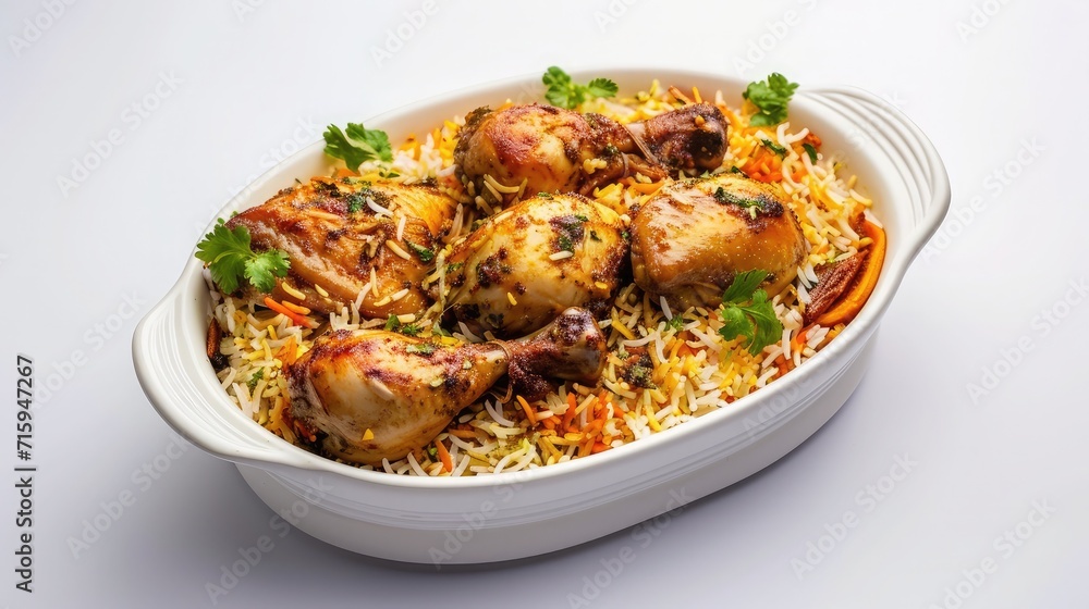 Chicken biryani , kerala style chicken dhum biriyani made using jeera rice and spices arranged in a white ceramic table ware with white background Chicken biryani , kerala style chicken dhum biriyani made using jeera rice and spices arranged in a white ceramic table ware with white background