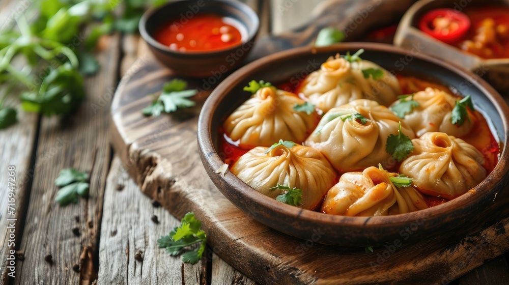 Veg steam momo. Nepalese Traditional dish Momo stuffed with vegetables and then cooked and served with sauce over a rustic wooden background, selective focus