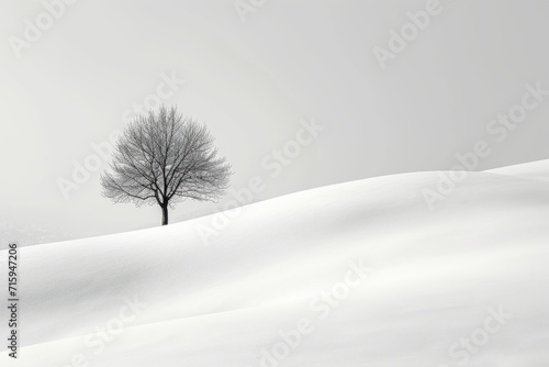Lonely tree on a snowy field in winter, black and white. A pristine landscape covered in untouched snow, with a lone tree standing against the winter backdrop. 