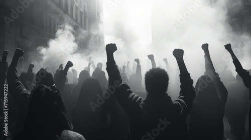 Group of people raising their hands in the air, grasping hand. A protest scene capturing a moment of civil unrest, with defiant individuals raising fists against an oppressive backdrop. 