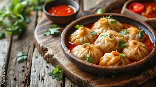 Veg steam momo. Nepalese Traditional dish Momo stuffed with vegetables and then cooked and served with sauce over a rustic wooden background, selective focus