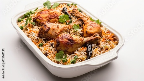 Chicken biryani , kerala style chicken dhum biriyani made using jeera rice and spices arranged in a white ceramic table ware with white background