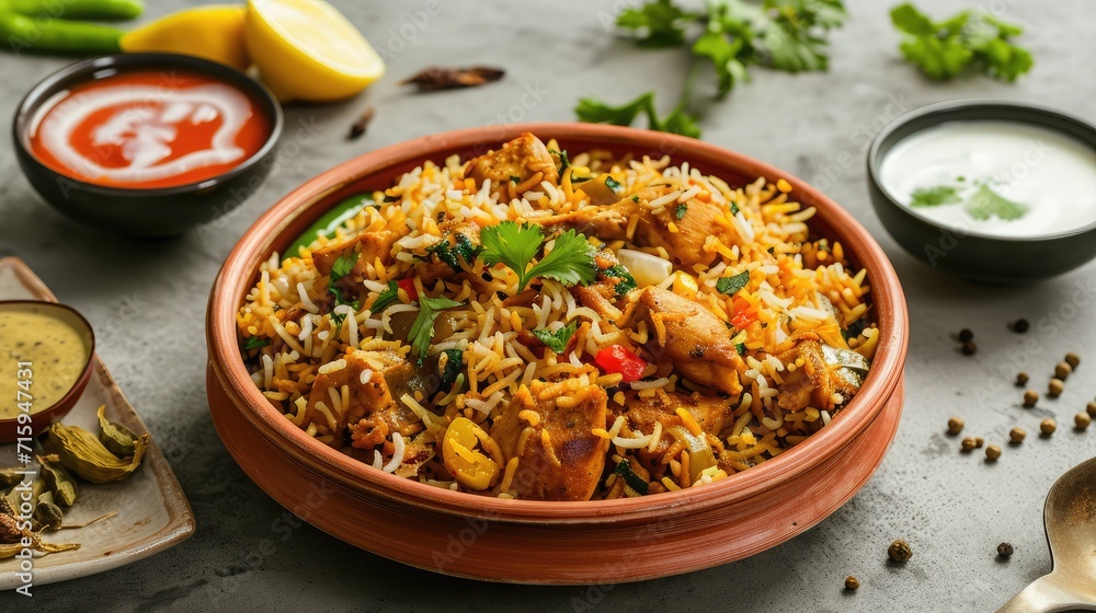 Chicken dhum biriyani using jeera rice and spices arranged in earthen ware with raitha and lemon pickle on grey background. Chicken dhum biriyani using jeera rice and spices arranged in earthen ware with raitha and lemon pickle on grey background.