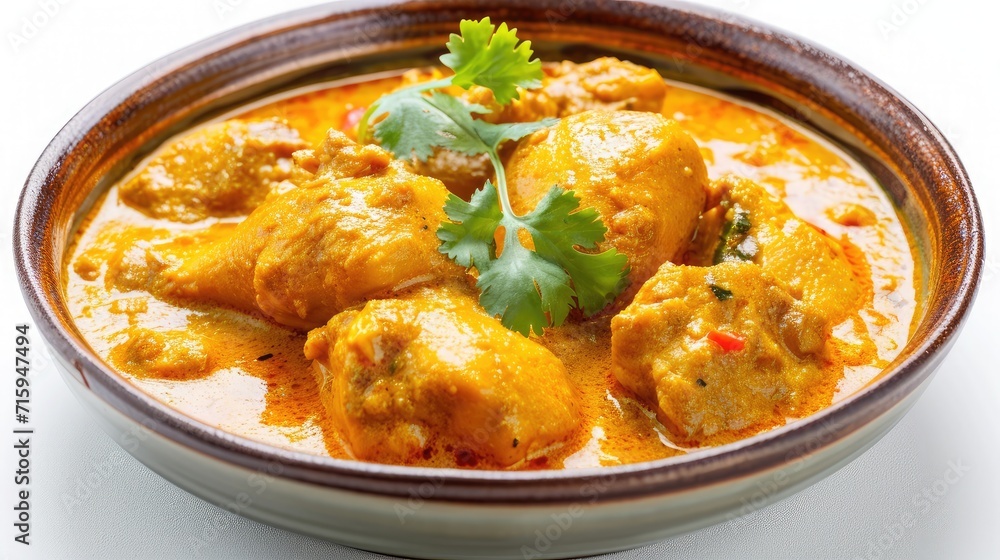 Chicken Korma isolated on white. Indian cuisine meat curry dish with coconut milk masala. Asian food Chicken Korma isolated on white. Indian cuisine meat curry dish with coconut milk masala. Asian food