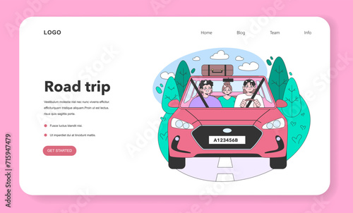 Road trip web banner or landing page. Young people or family going on vacation by a car. Characters driving automobile on holidays, traveling the world together. Flat vector illustration