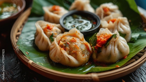 delicious momos with chutney on the leaf. captured with selective focus .